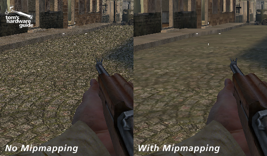 Without mipmapping (left) visible noise will be present in objects far away from the screen. With mipmapping (right) the image is pre-filtered to provide a more accurate result.